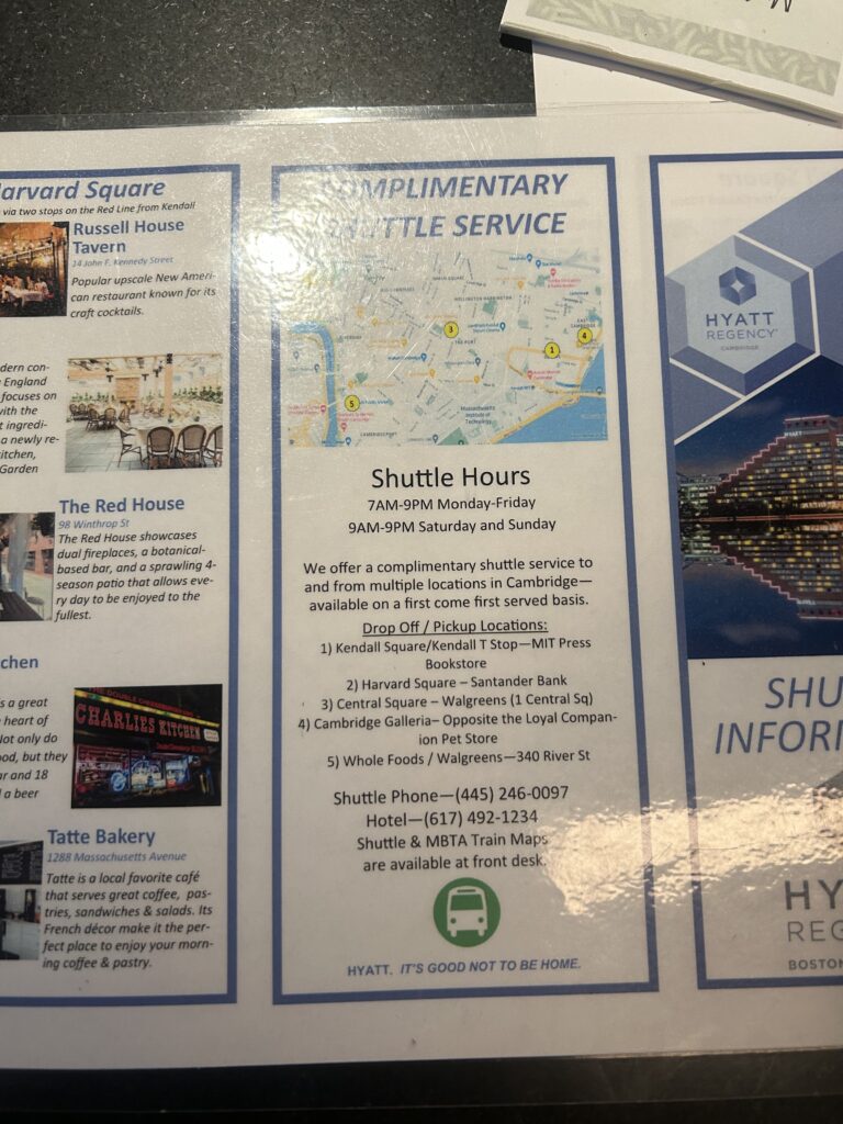 Hyatt Regency Boston Cambridge Review: Perfect for Harvard, MIT, and Boston University Visits Complimentary shuttle service information at Hyatt Regency Boston Cambridge