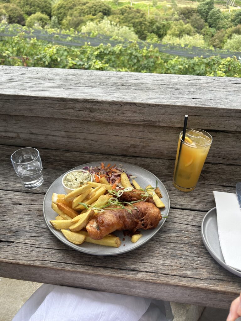 Crispy fish and chips topped with green onions at Tantalus Estate
