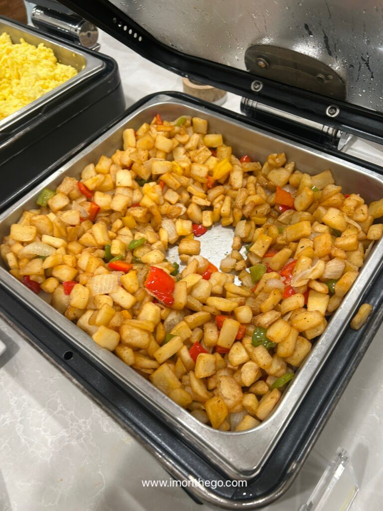Honest Review of The Westin Los Angeles Airport: Rooms, Breakfast & Free Shuttle Scrambled eggs, bacon, and roasted potatoes on breakfast buffet